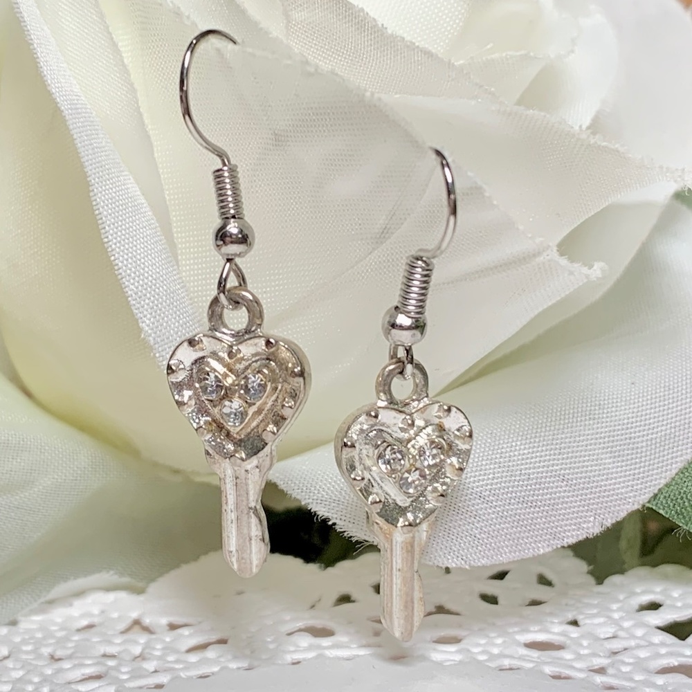 Aged Love Heart Key Earrings, with Crystal accents